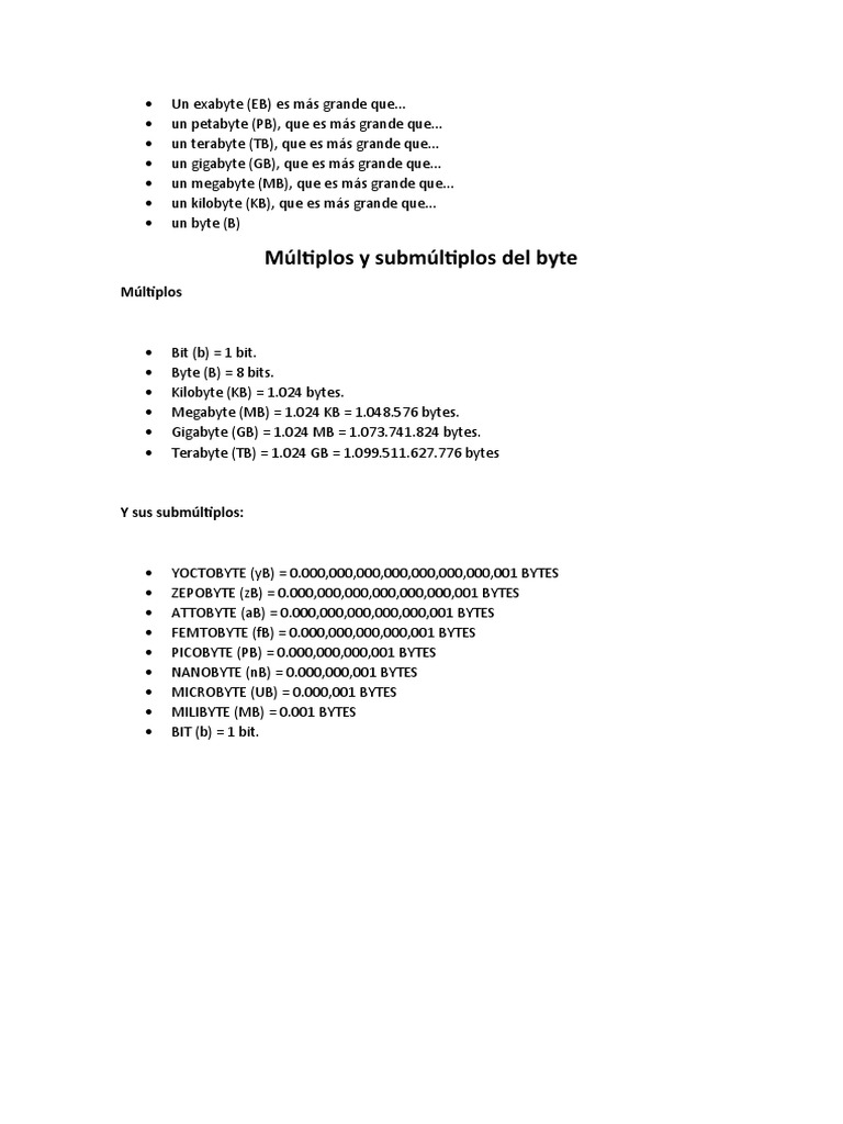 Múltiplos y tamaños de bytes | PDF | Métodos y materiales de enseñanza