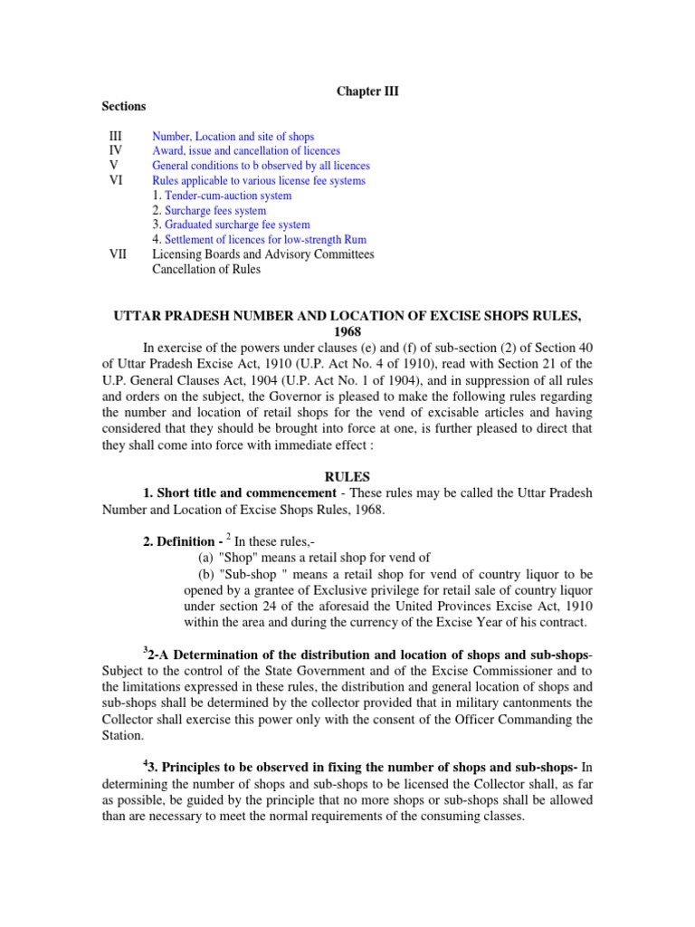Uttar Pradesh Excise Shop Rules Regulations Governing the Number