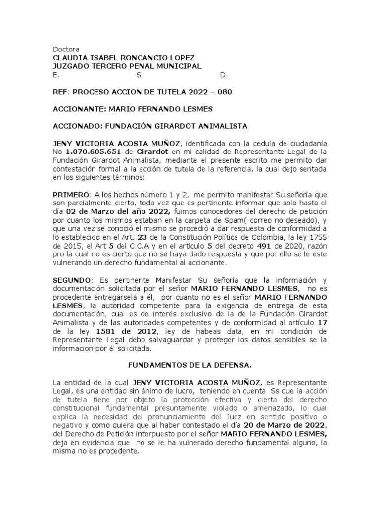 Contestacion Tutela | PDF | Petición | Derecho Constitucional