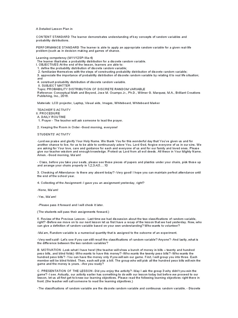 A Detailed Lesson Plan in Statistics (Probability Distribution of A ...