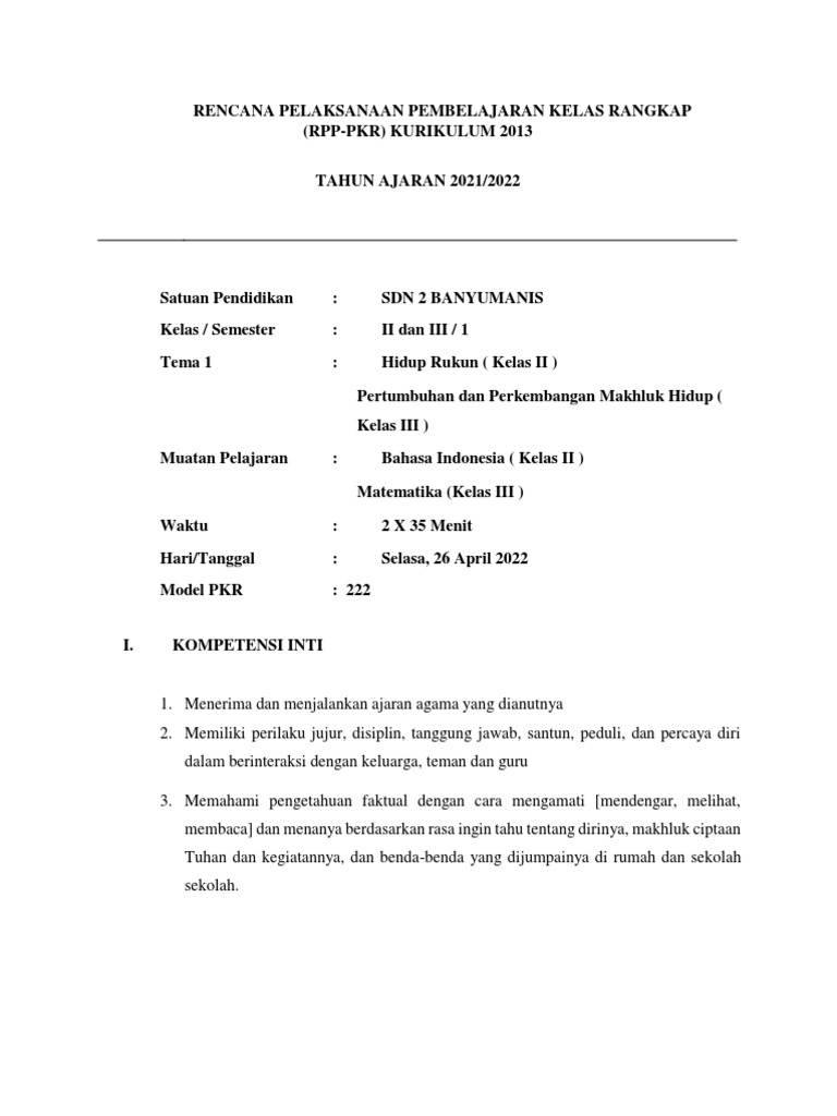RPP PKR Model 222 Kelas II dan III | PDF | Kajian Bahasa Asing