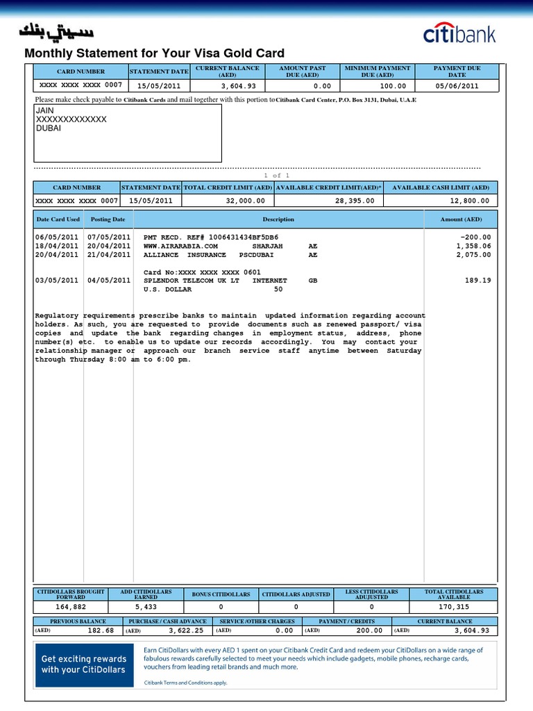 Monthly Visa Statement Summarizing Current Balance, Minimum Payment Due