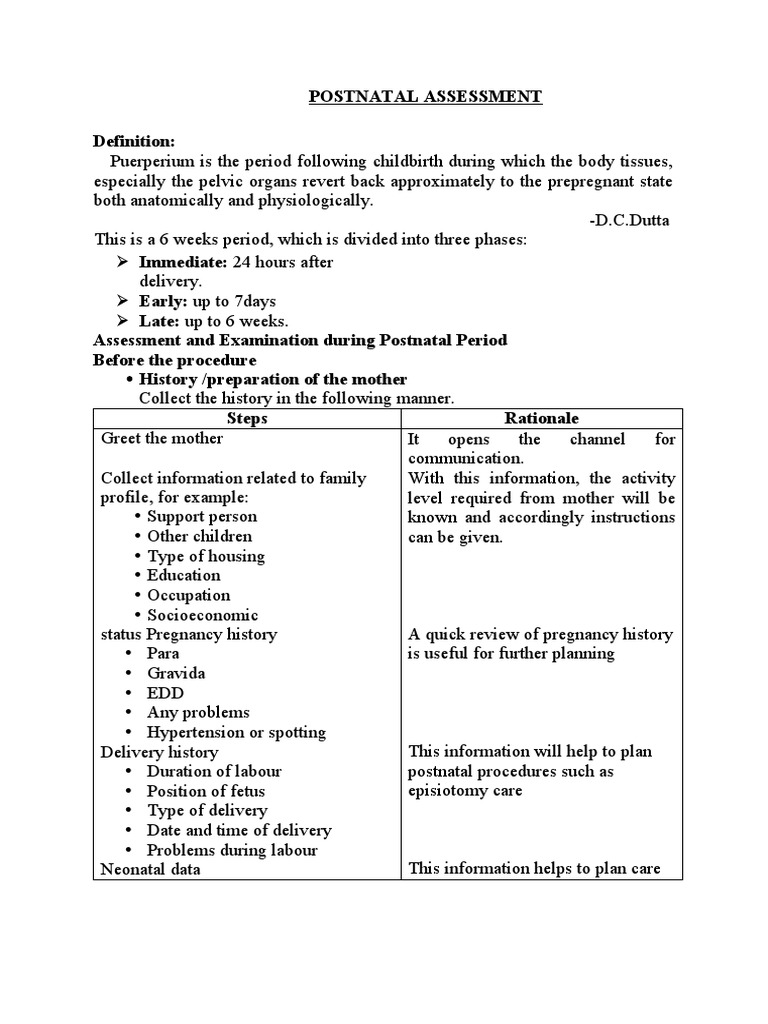 Postnatal Assessment Procedures Guide | PDF | Postpartum Period ...
