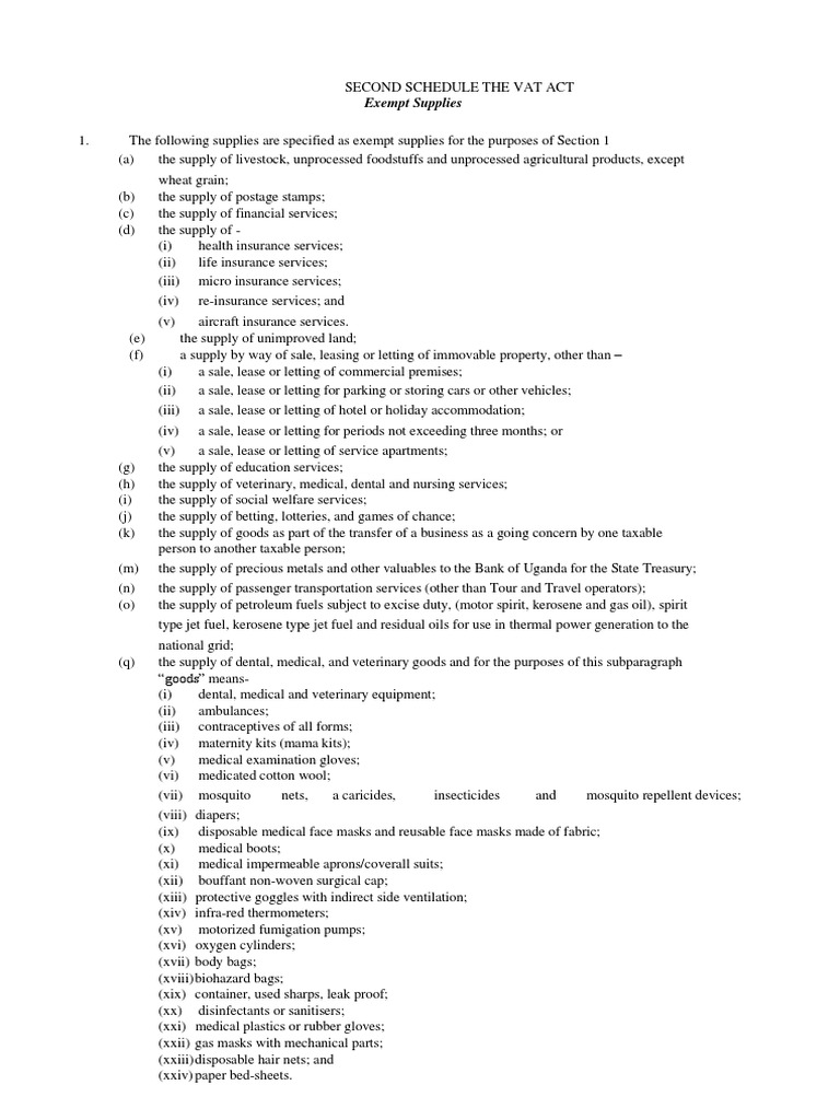 Uganda VAT Exempt Supplies List | PDF | Textile Manufacturing | Textiles