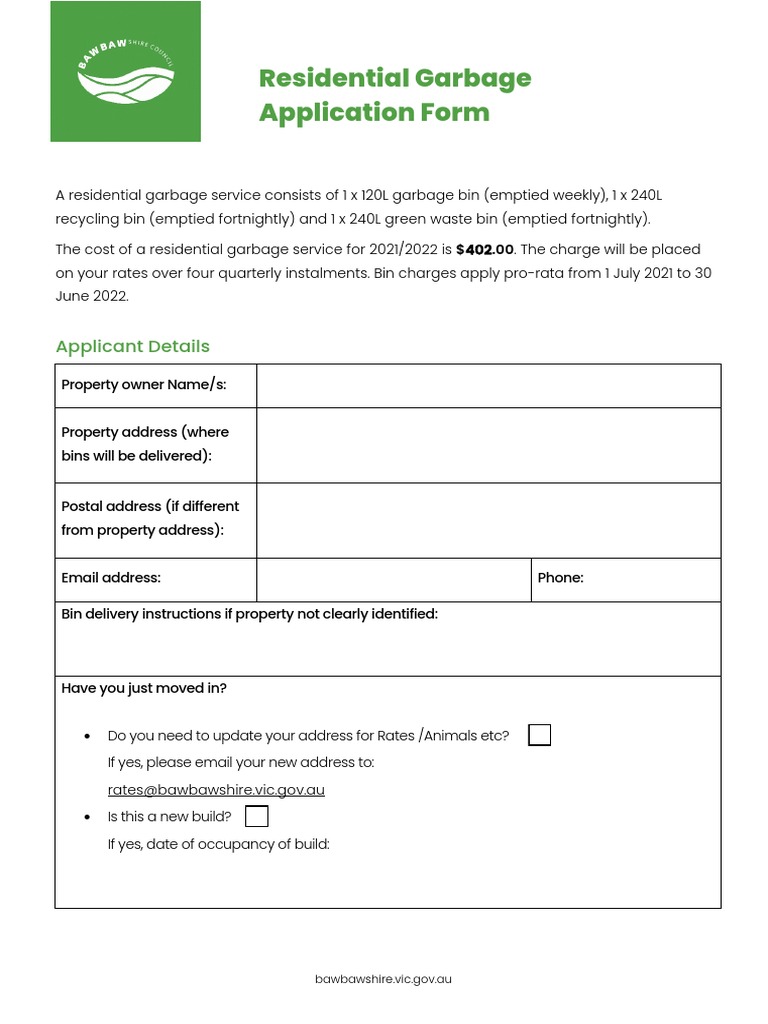 Residential Garbage Application Form Applicant Details PDF Privacy