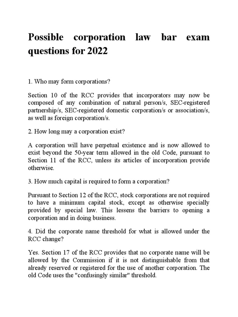 Possible Corporation Law Bar Exam Questions For 2022 PDF