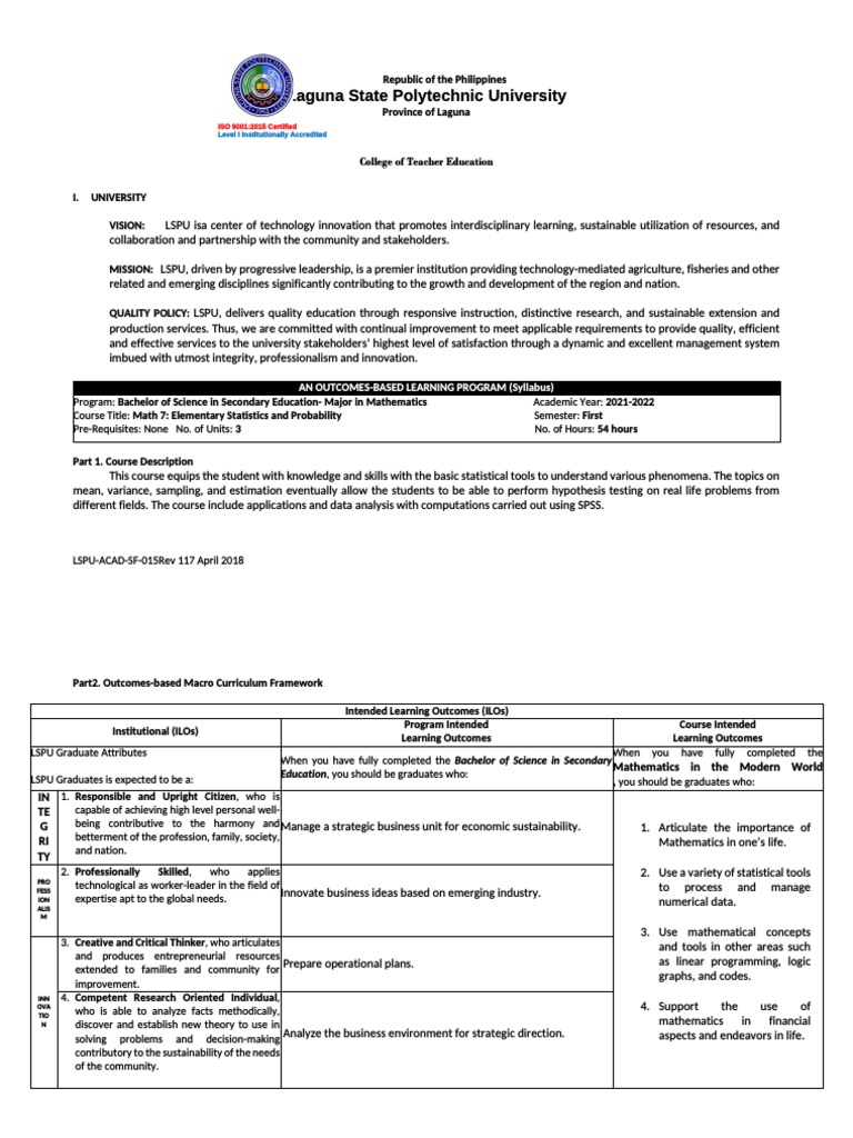 Elementary Stat Prob Syllabus Pdf Statistics Mathematics