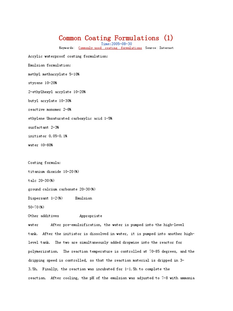 Common Coating Formulations PDF Paint Titanium Dioxide