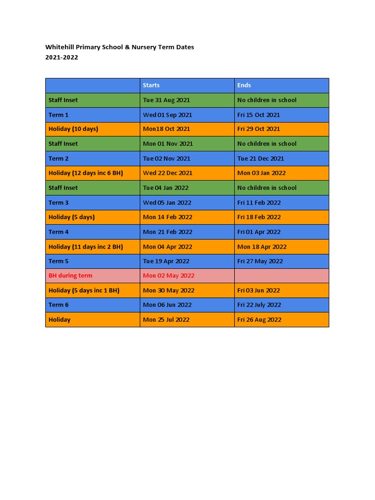 Whitehill Primary School Term Dates 2021-22 | PDF