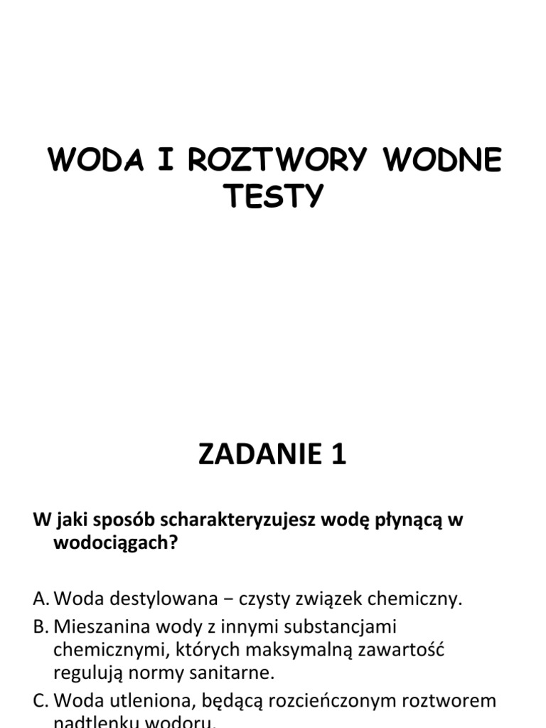 Woda I Roztwory Wodne Klasa 7 Woda I Roztwory Wodne Testy | PDF