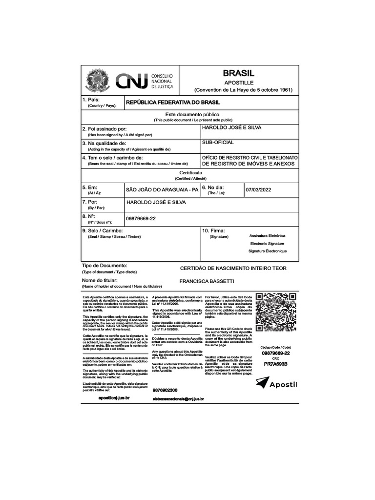 Apostila de Haia: Certidão de Nascimento | PDF
