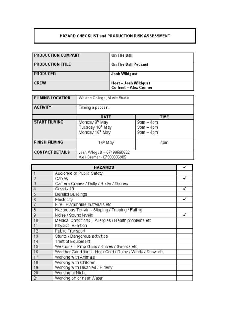 Podcast Filming Risk Assessment Checklist | PDF | Headphones | Risk