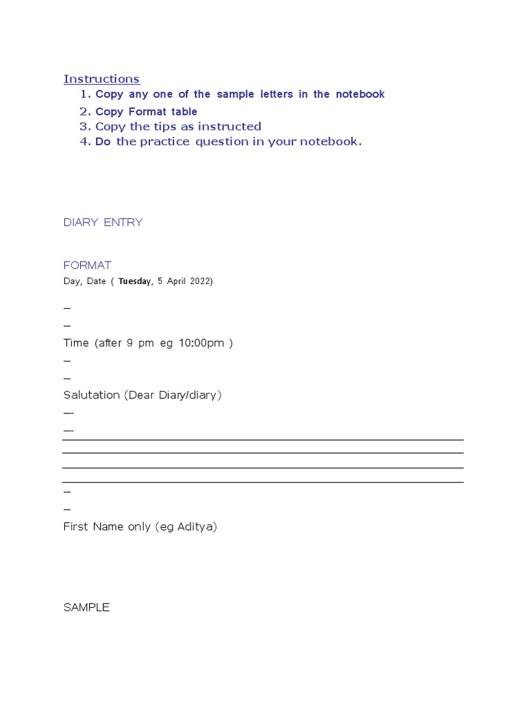 Diary Entry Written Work PDF Grammatical Tense Diary