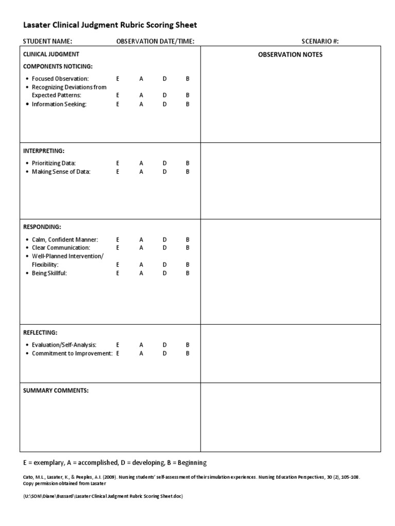 Lasater Clinical Judgment Rubric Sheet | PDF
