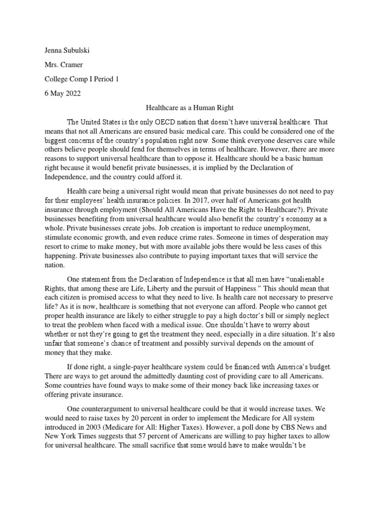 Argument Essay PDF Universal Health Care Health Care