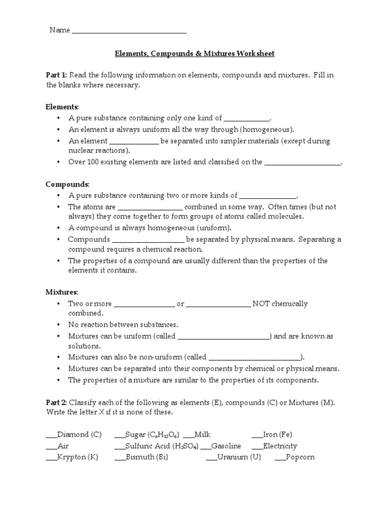 Elements Compounds Mixtures | PDF | Mixture | Chemical Substances