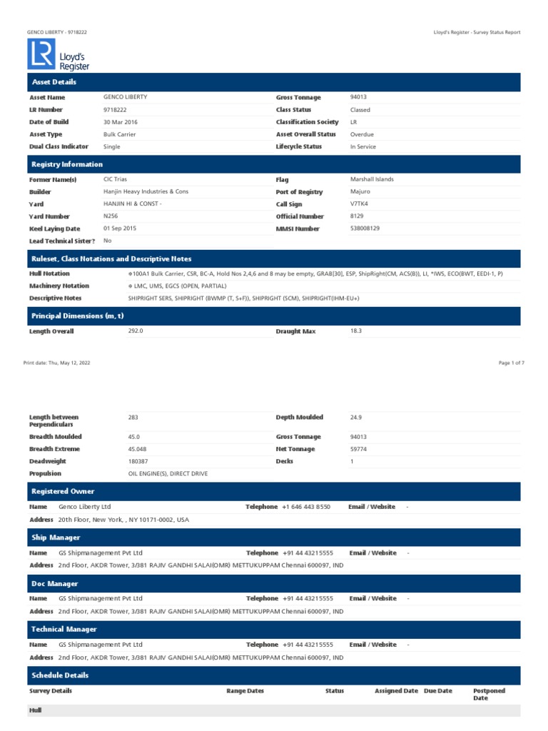 Genco Liberty Class Status Report | PDF | Tonnage | Watercraft