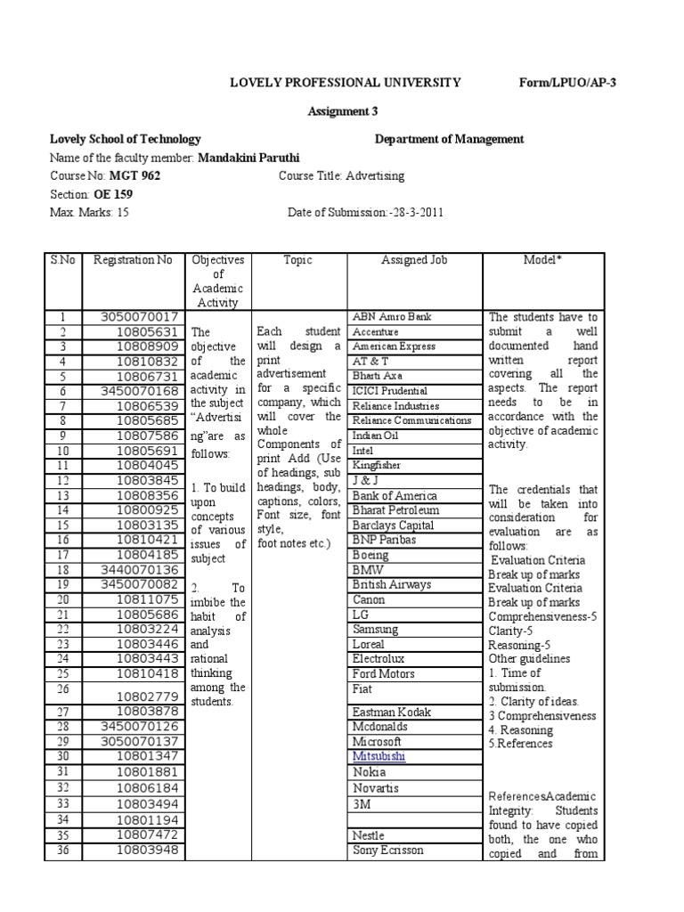 Advertising Assignment Guidelines | PDF