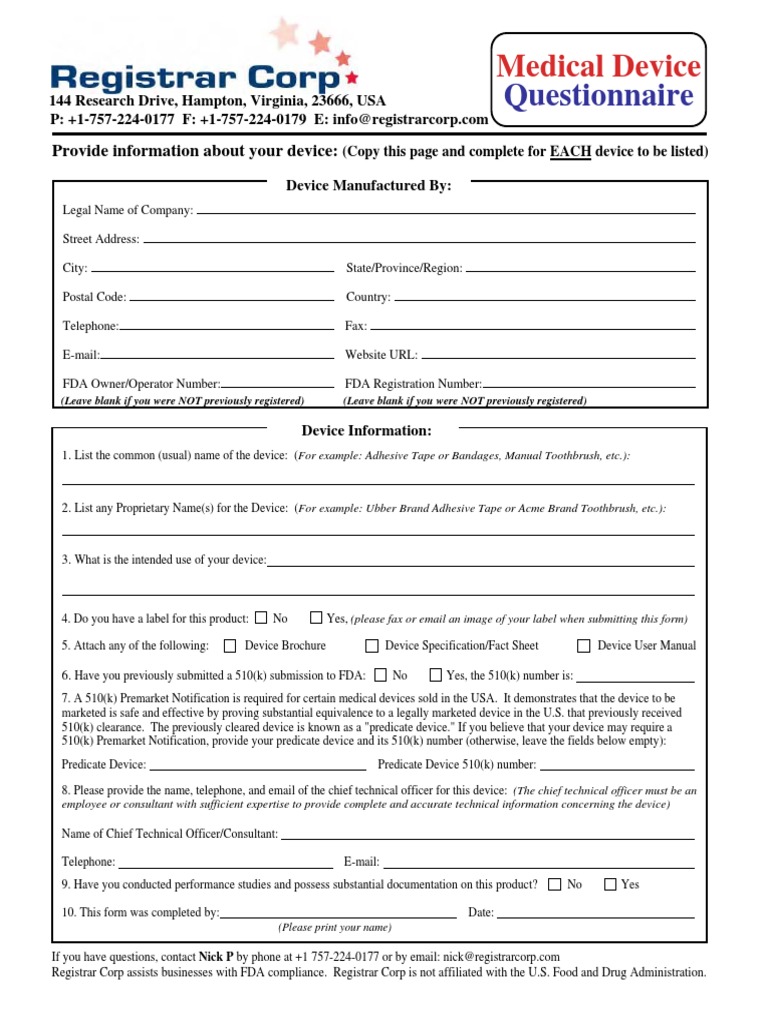 Medical Device Questionnaire Nick PDF Federal Food Food And