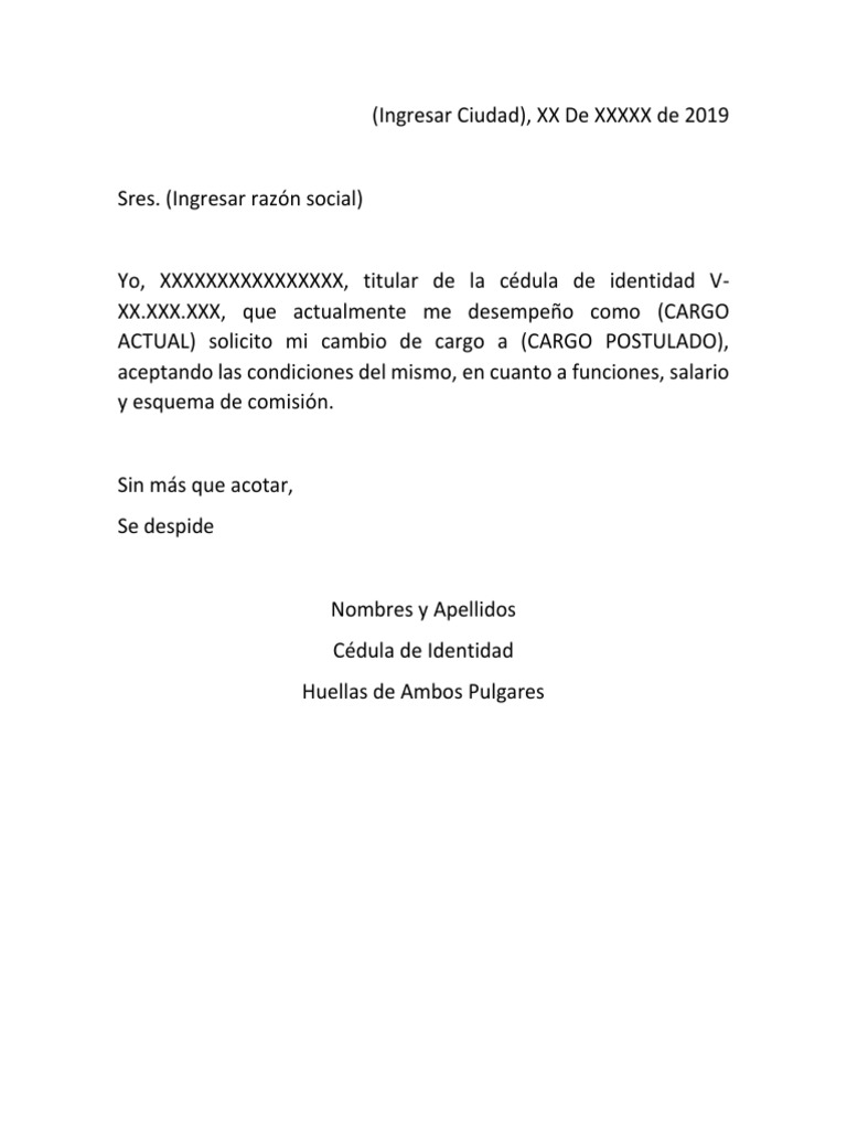 Modelo De Carta Solicitud De Cambio De Cargo Asesor Depositario Pdf