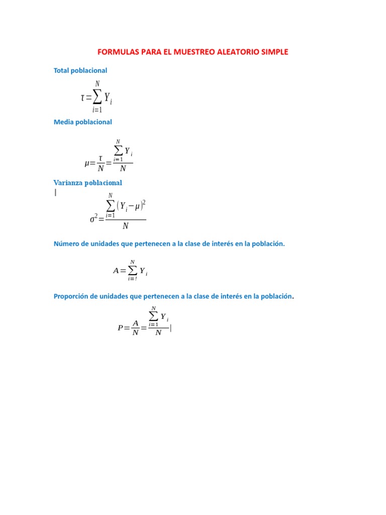 Fórmulas de Muestreo Aleatorio Simple | PDF