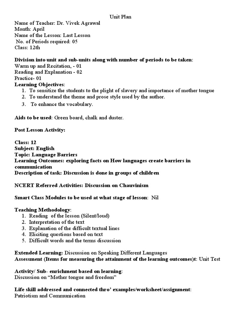 Last Lesson Unit Plan for Class 12 | PDF | Career & Growth