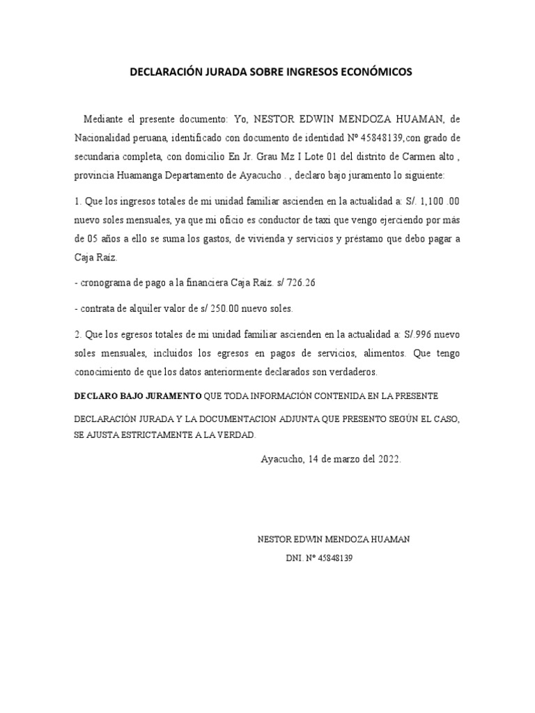 Declaración Jurada de Ingresos Mensuales | PDF | Finanzas y dinero ...