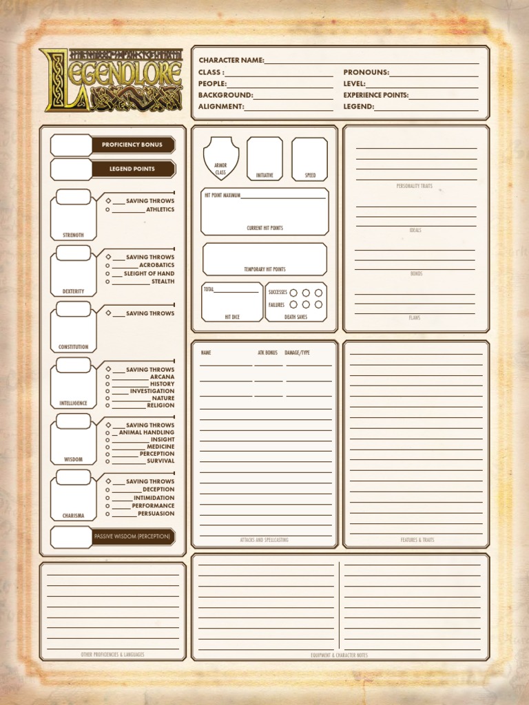 Character Sheet A Template for Tracking Roleplaying Game Character