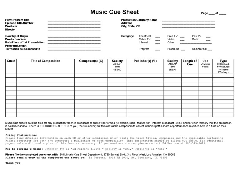 Music Cue Sheet Cue Title of Composition Composer(s) () Society