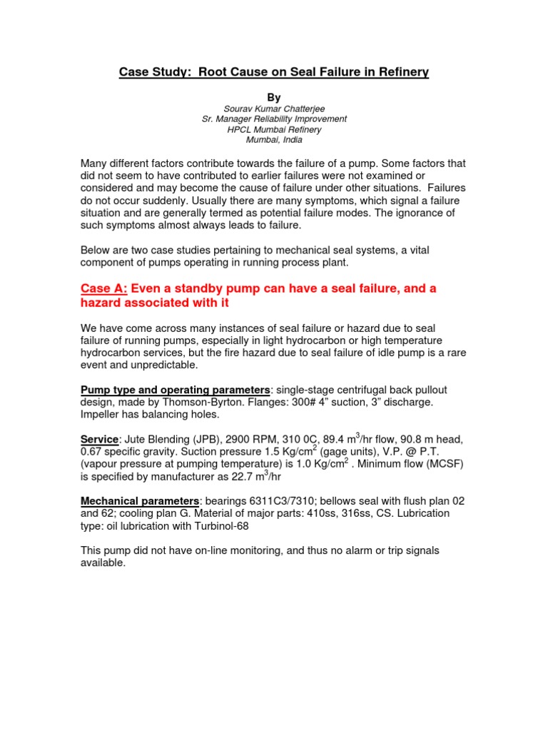 Case Study: Root Cause Analysis of Seal Failures in Refinery Pumps | PDF