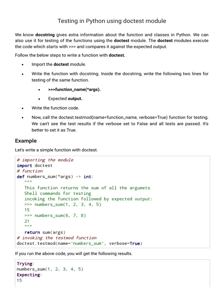 Testing in Python Using Doctest Module | PDF | Subroutine | Parameter ...
