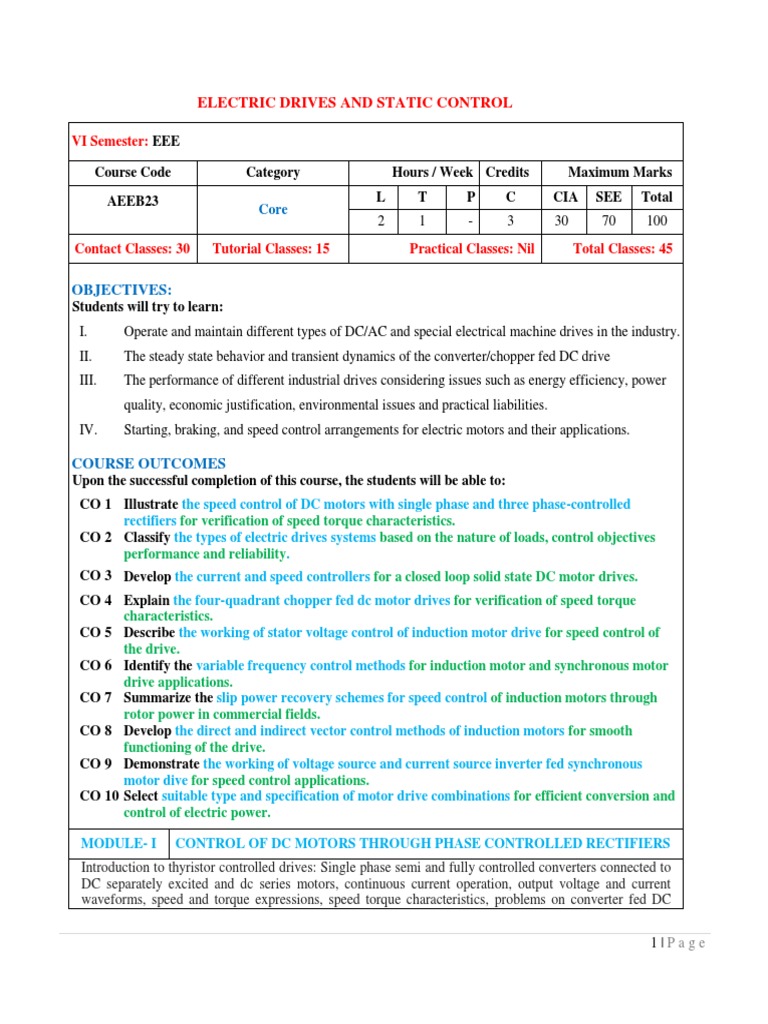 EEE Electric Drives and Static Control Syllabus PDF Electric Motor