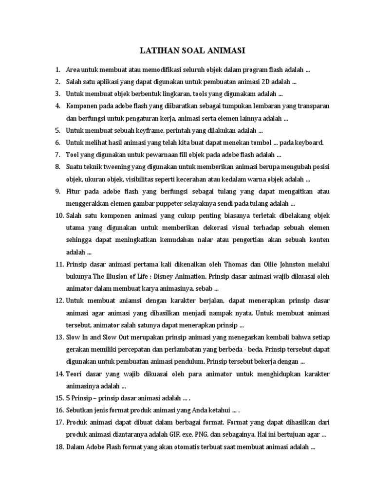 Latihan Soal Dasar Animasi 2D dan 3D | PDF