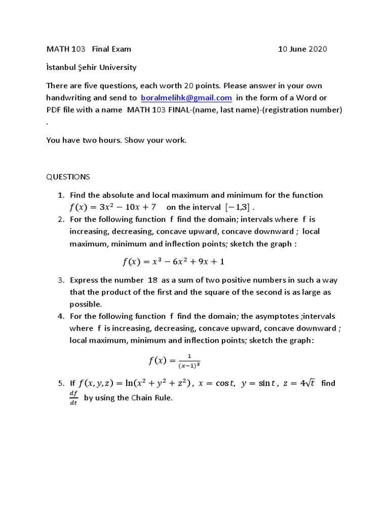 MATH 103 Final Exam Questions | PDF | Teaching Methods & Materials