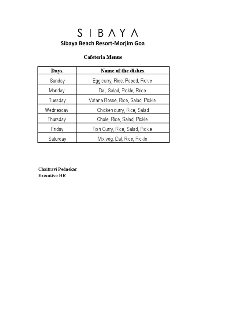 Sibaya Beach Resort-Morjim Goa: Cafeteria Menue Days Name of The Dishes ...