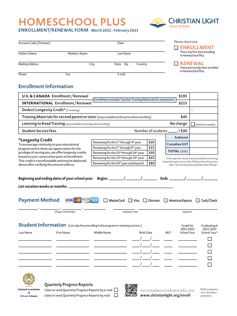 2022-23 Homeschool Plus Enrollment Form Fillable | PDF | Homeschooling ...
