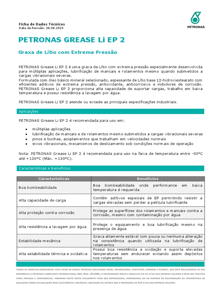 PETRONAS GREASE Li EP 2 Ficha Tecnica PDF Lubrificação Óleo de motor