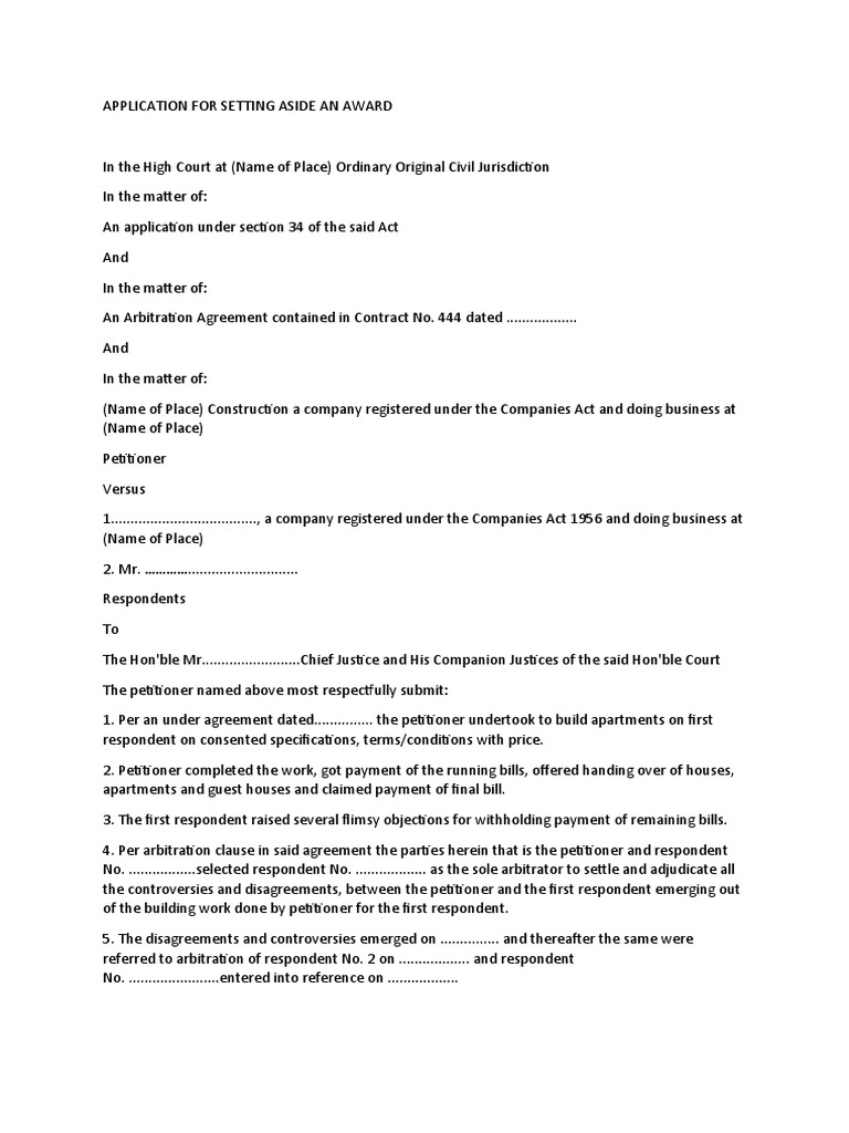 Application For Setting Aside An Award | PDF | Arbitration | Judiciaries