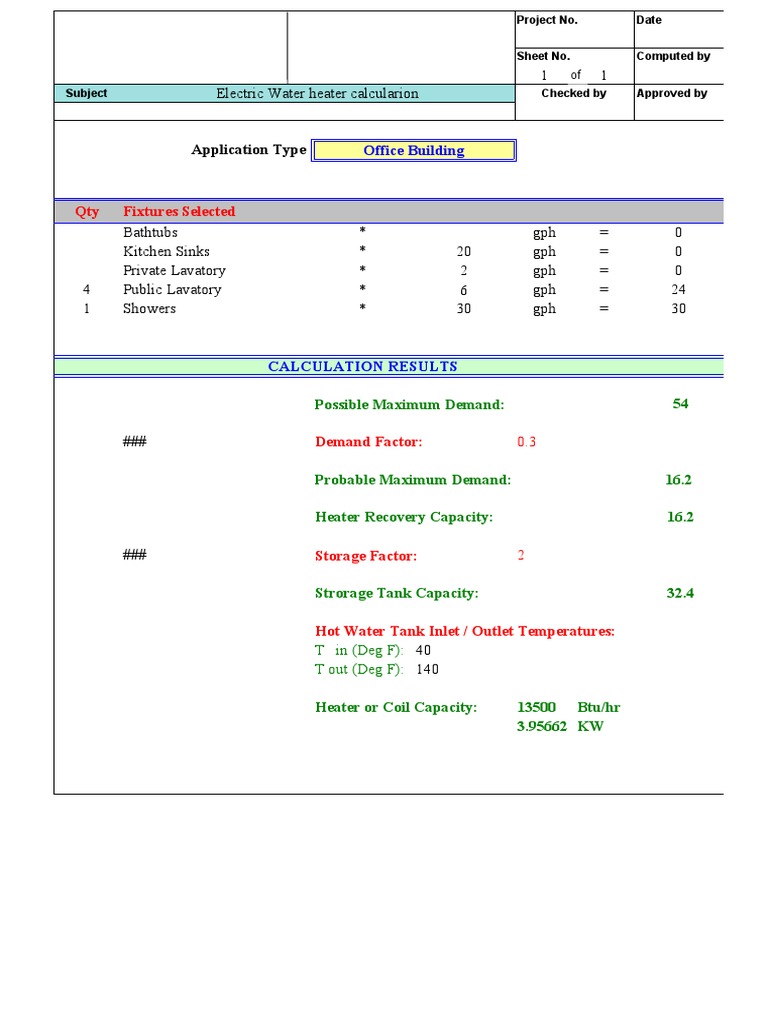 Electric Water Heater Calculation Sheet PDF Water Heating Home