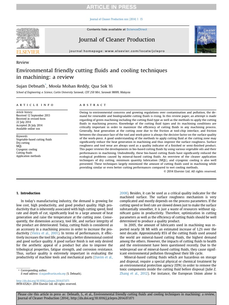 Enviromental Friendly Cutting Fluids and Cooling Technique in Machining