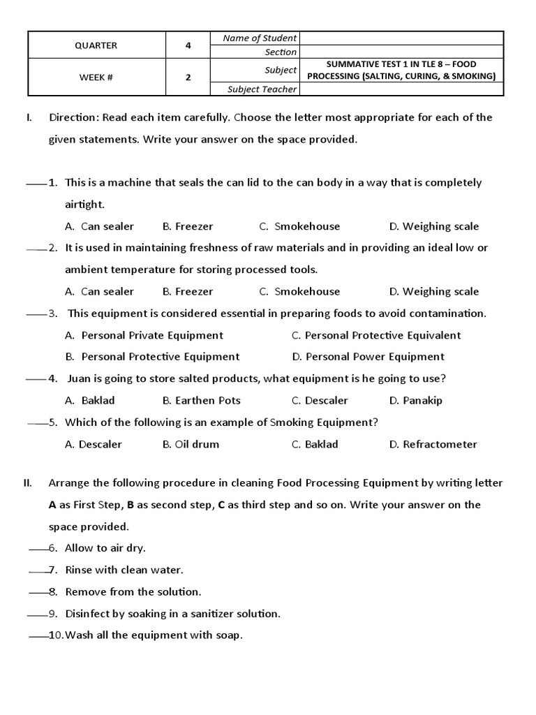 TLE 8 Food Processing Test: Salting & Smoking | PDF | Science & Mathematics