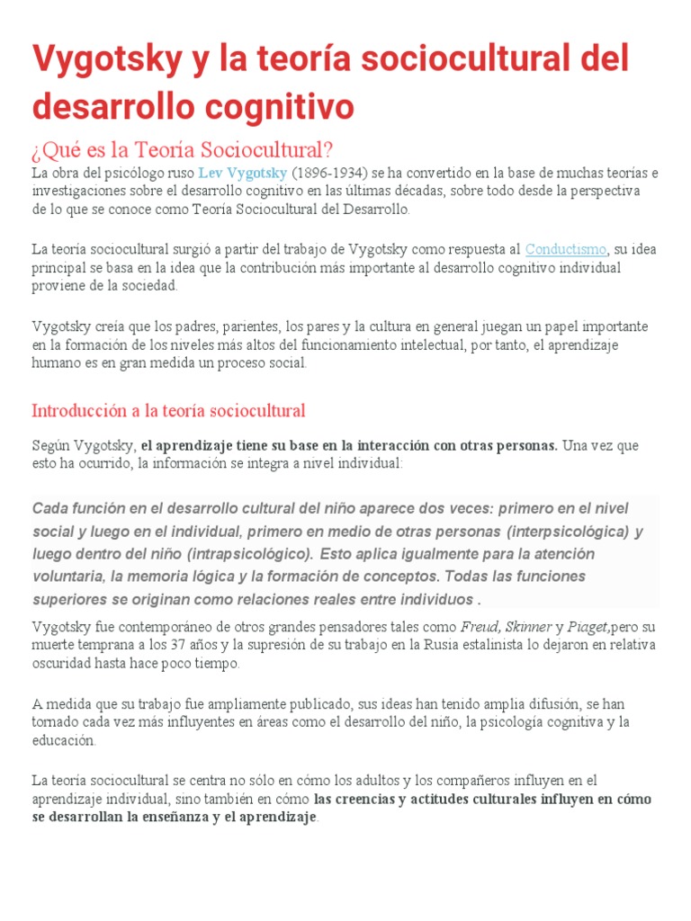 Vygotsky y La Teoría Sociocultural Del Desarrollo Cognitivo | PDF ...