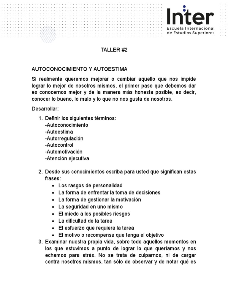 TALLER # 2 Autoconocimiento y Autoestima | PDF | Crecimiento personal y ...