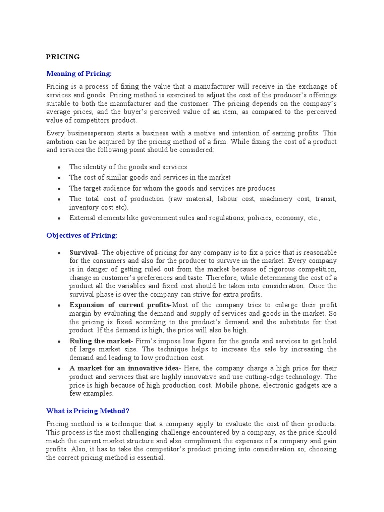 Meaning Of Pricing PDF Pricing Cost
