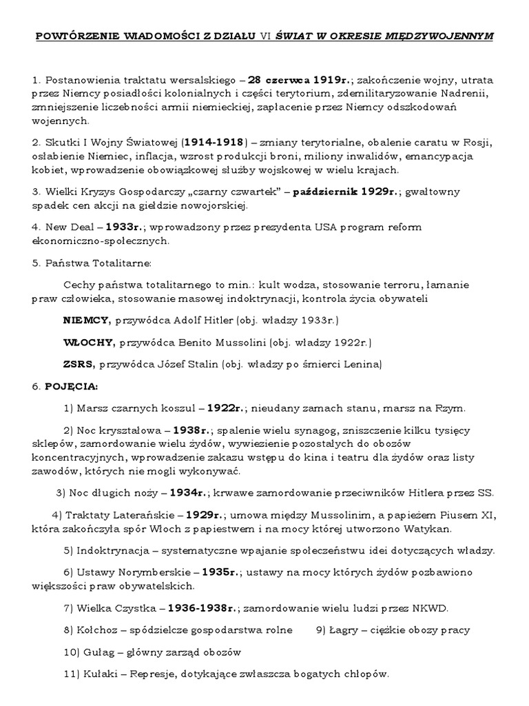 Sprawdzian Historia Klasa 7 świat W Okresie Międzywojennym Powtórzenie Wiadomości z Działu Vi Świat w Okresie Międzywojennym | PDF