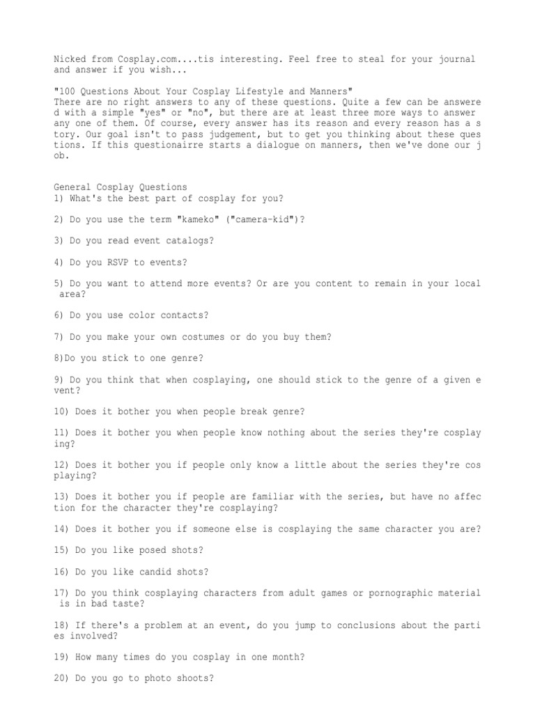 100 Questions About Your Cosplay Lifestyle and Manners | PDF | Cosplay ...