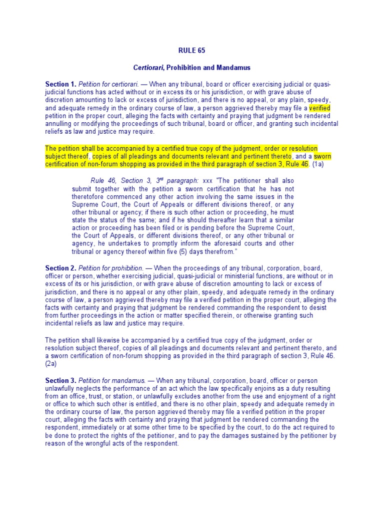 Certiorari, Prohibition and Mandamus: Rule 46, Section 3, 3 Paragraph ...