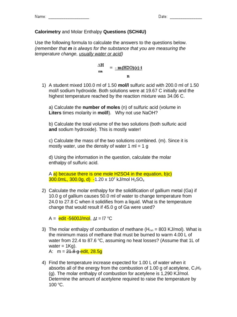 Molar Enthalpy and Moles of H2SO4 | PDF | Mole (Unit) | Molar Concentration