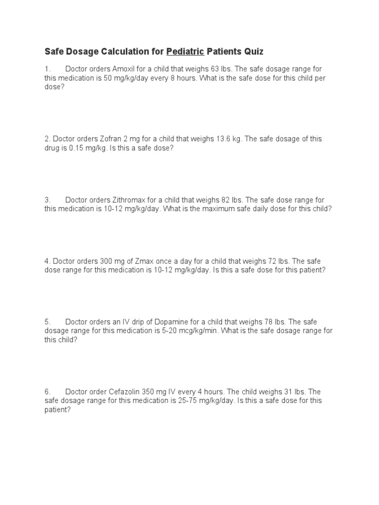 Safe Dosage Calculation For Pediatric Patients Quiz PDF