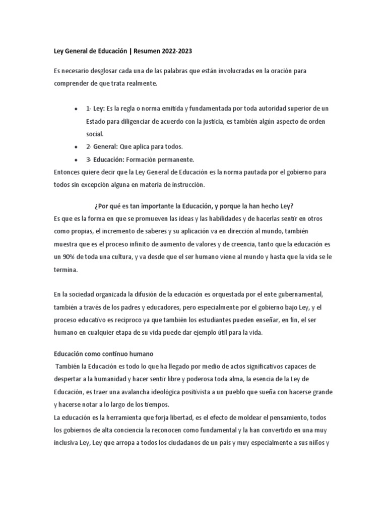 Resumen Ley General de Educación 2023 | PDF | Educación de la primera ...